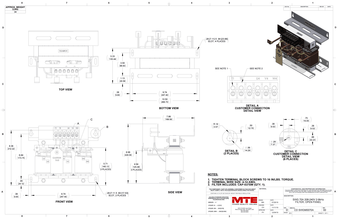 Drawings of MTE SineWave Guardian Filter SWGM0070A | 208V_240V | 70 Amp | 60HZ | Modular