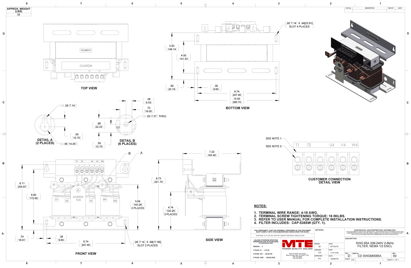 Drawings of MTE SineWave Guardian Filter SWGM0085A | 208V_240V | 85 Amp | 60HZ | Modular