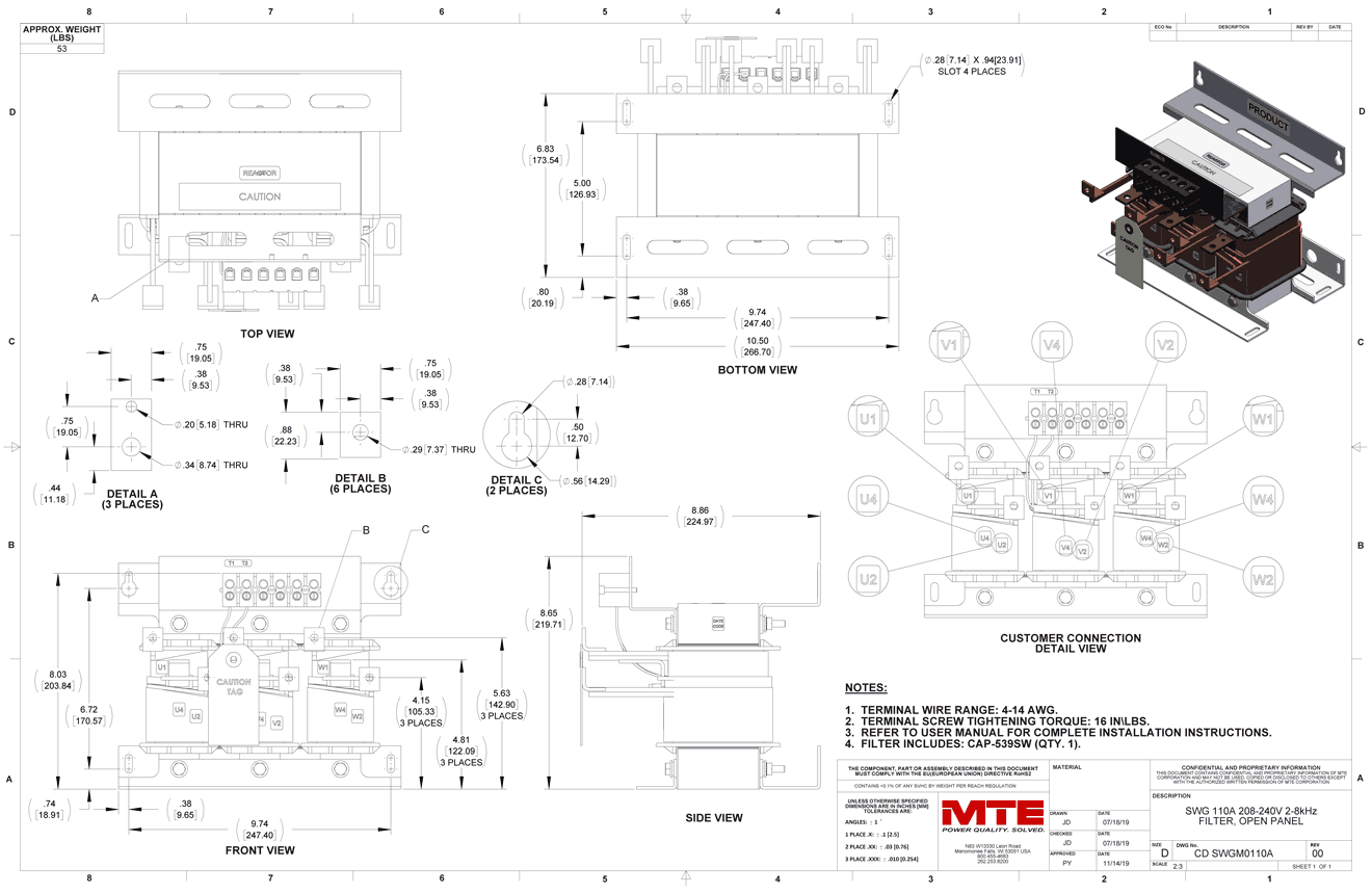 Drawings of MTE SineWave Guardian Filter SWGM0110A | 208V_240V | 110 Amp | 60HZ | Modular