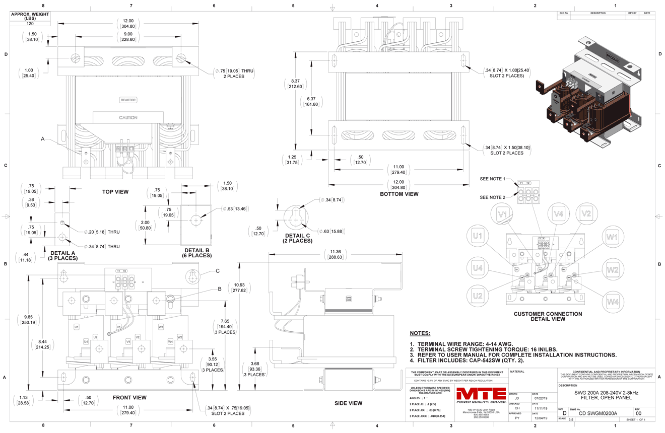 Drawings of MTE SineWave Guardian Filter SWGM0135A | 208V_240V | 135 Amp | 60HZ | Modular