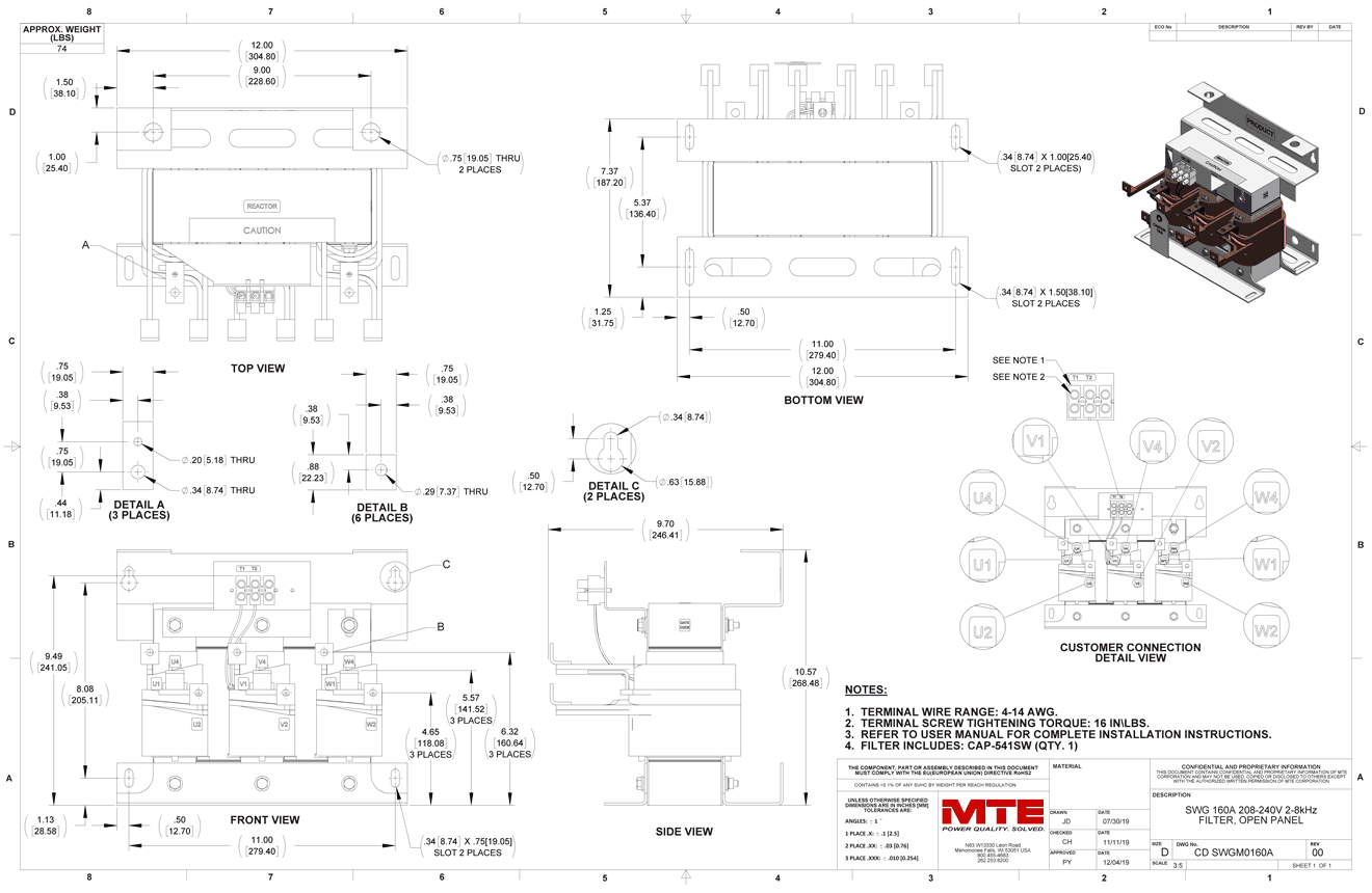 Drawings of MTE SineWave Guardian Filter SWGM0160A | 208V_240V | 160 Amp | 60HZ | Modular