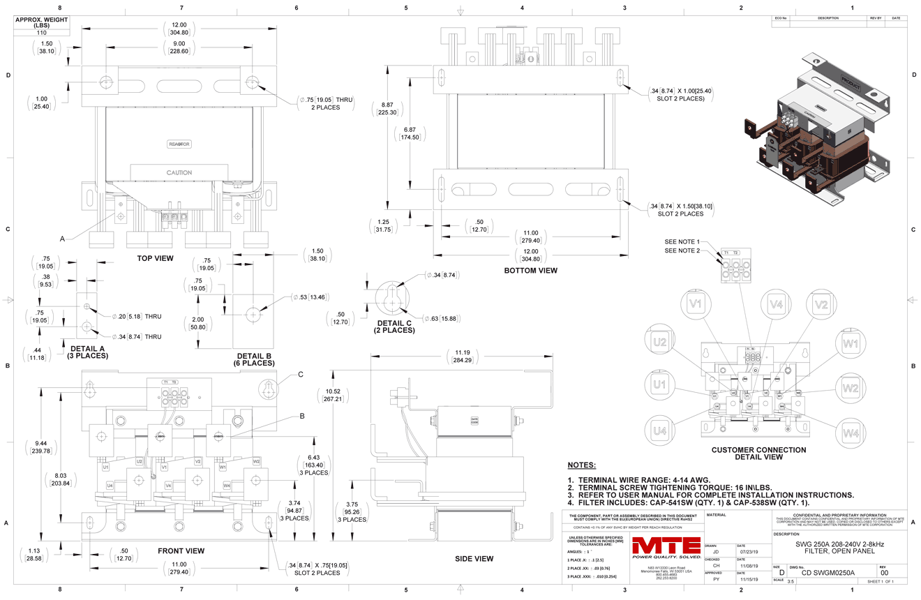 Drawings of MTE SineWave Guardian Filter SWGM0250A | 208V_240V | 250 Amp | 60HZ | Modular