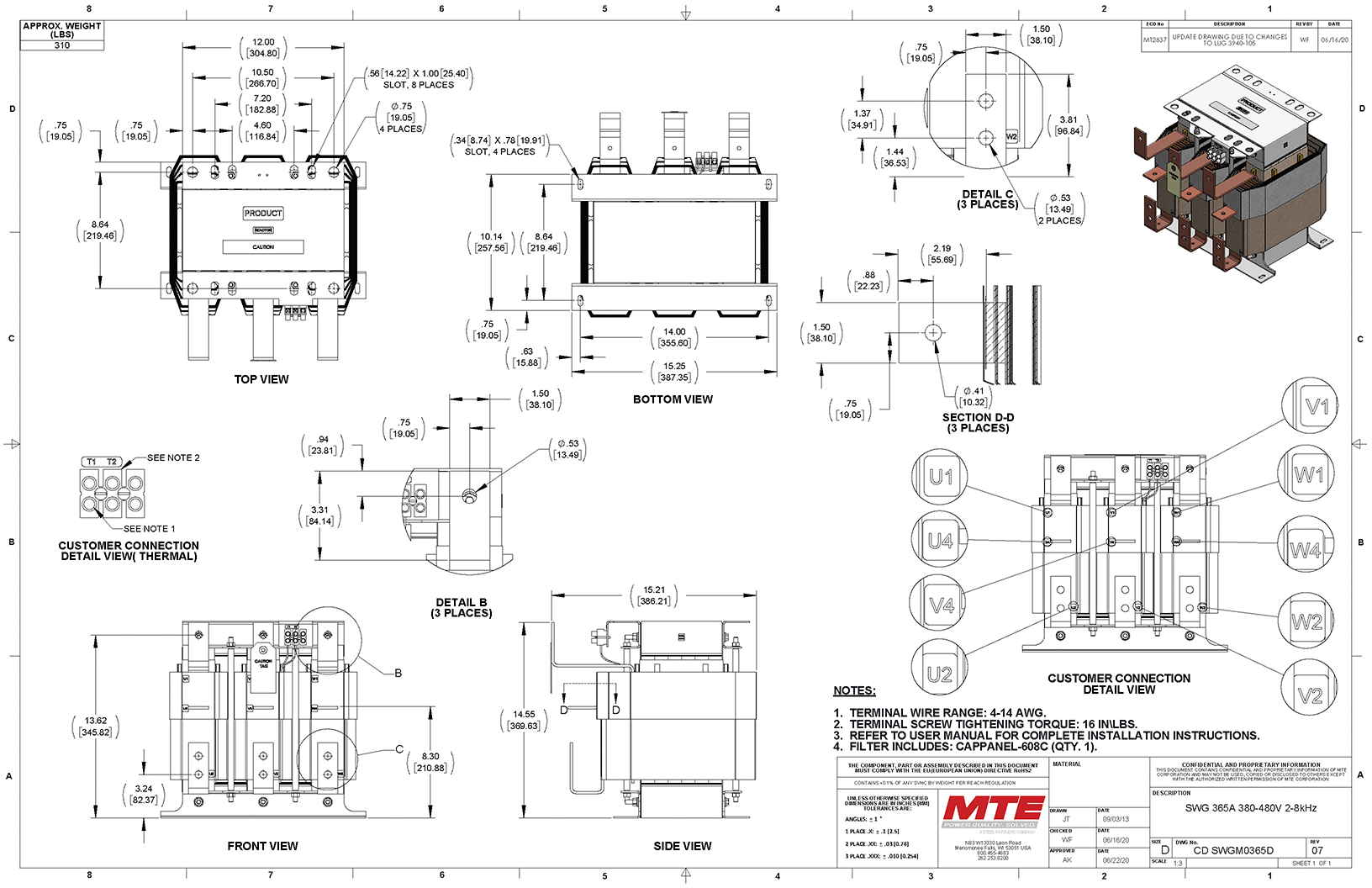 Drawings of MTE SineWave Guardian Filter SWGM0365D | 480V | 365 Amp | 60HZ | Modular