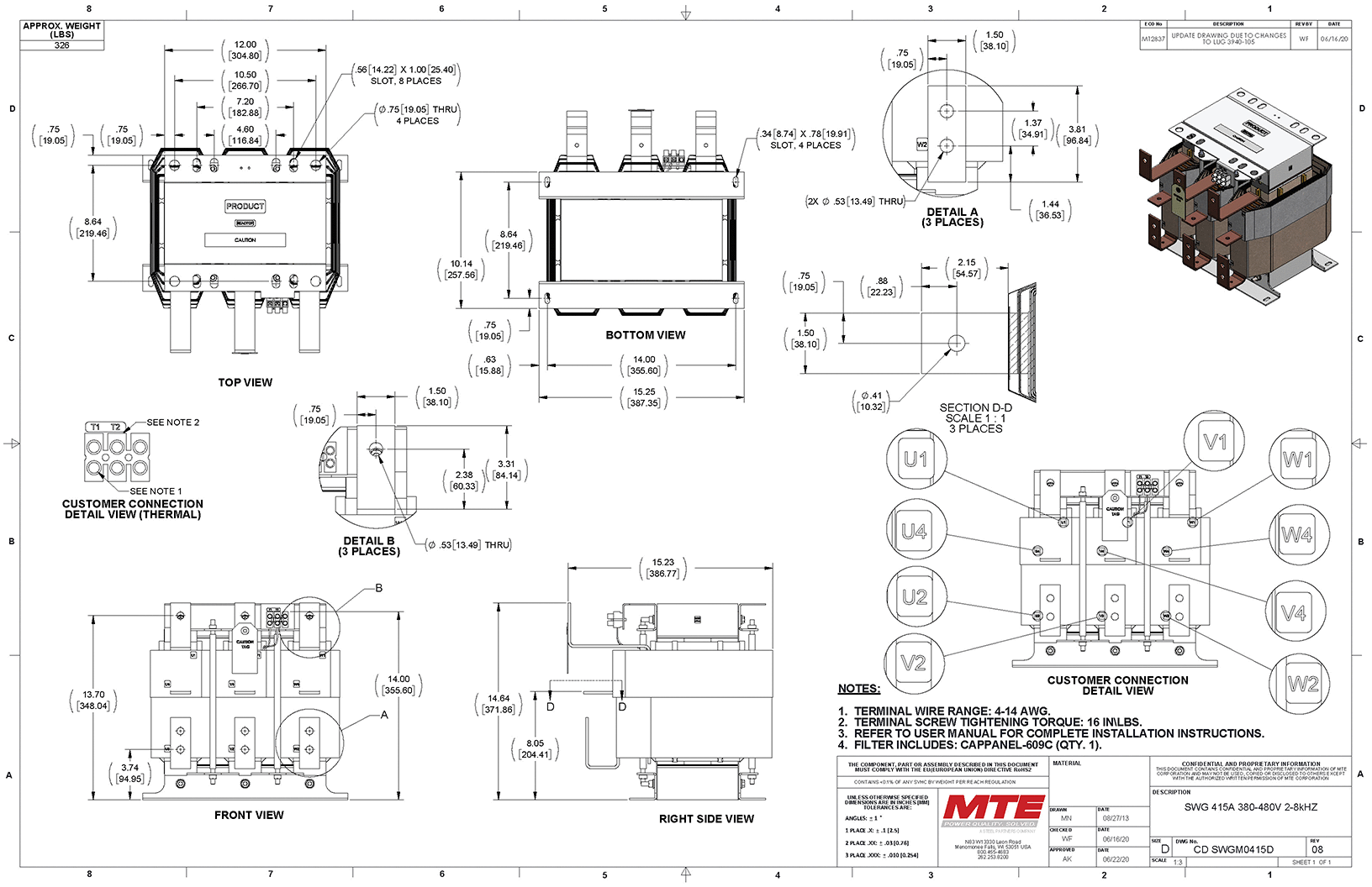 Dibujos del filtro MTE SineWave Guardian SWGM0415D | 480V | 415 amperios | 60 Hz | Modular