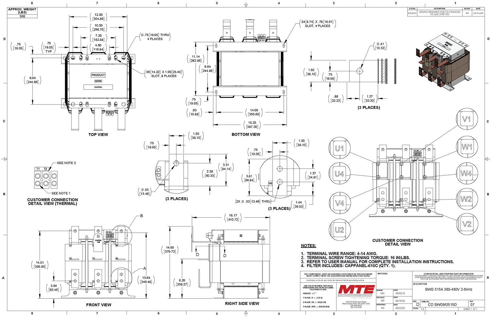 Drawings of MTE SineWave Guardian Filter SWGM0515D | 480V | 515 Amp | 60HZ | Modular