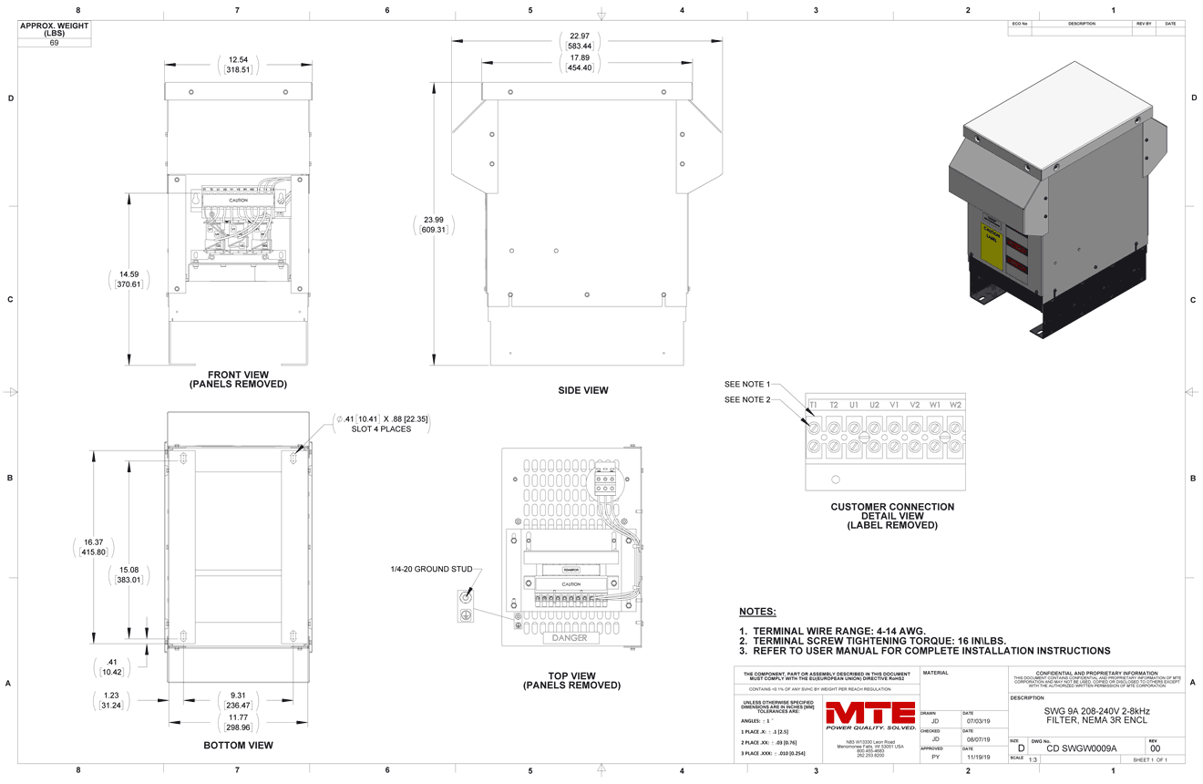 Drawings of MTE SineWave Guardian Filter SWGW0009A | 208V_240V | 9 Amp | 60HZ | NEMA 3R