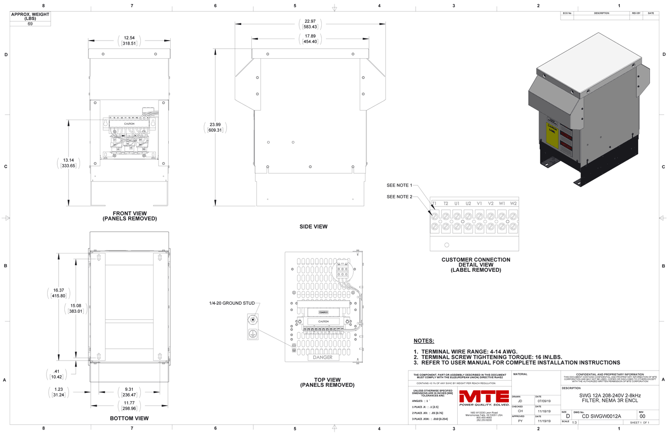 Drawings of MTE SineWave Guardian Filter SWGW0012A | 208V_240V | 12 Amp | 60HZ | NEMA 3R