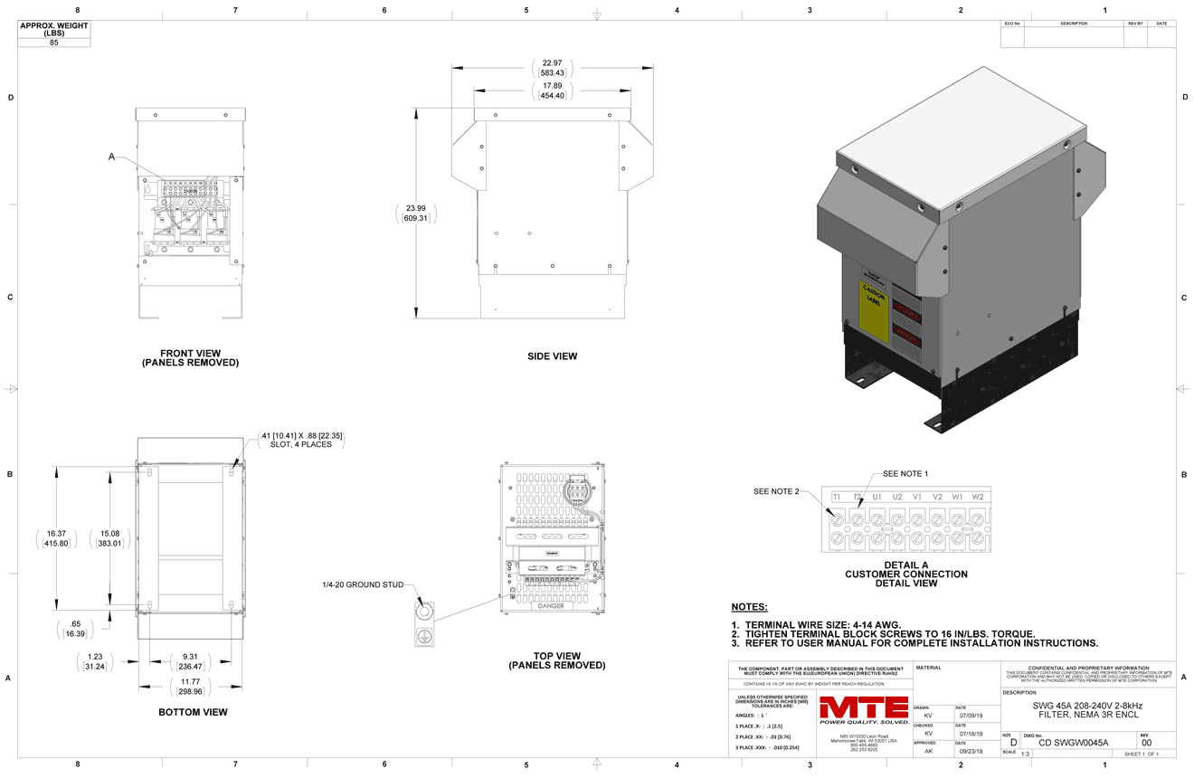 Drawings of MTE SineWave Guardian Filter SWGW0045A | 208V_240V | 45 Amp | 60HZ | NEMA 3R