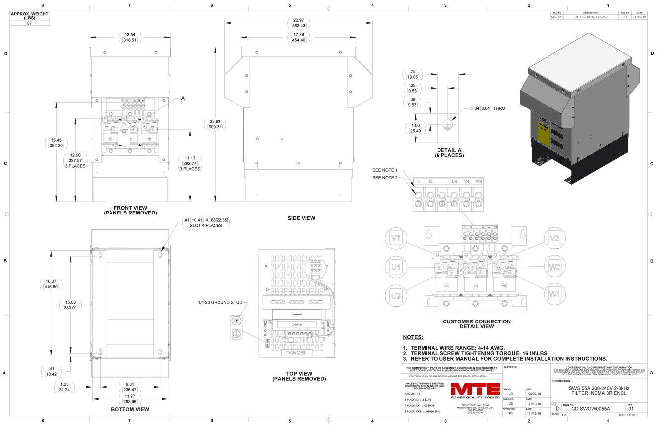 Drawings of MTE SineWave Guardian Filter SWGW0055A | 208V_240V | 55 Amp | 60HZ | NEMA 3R