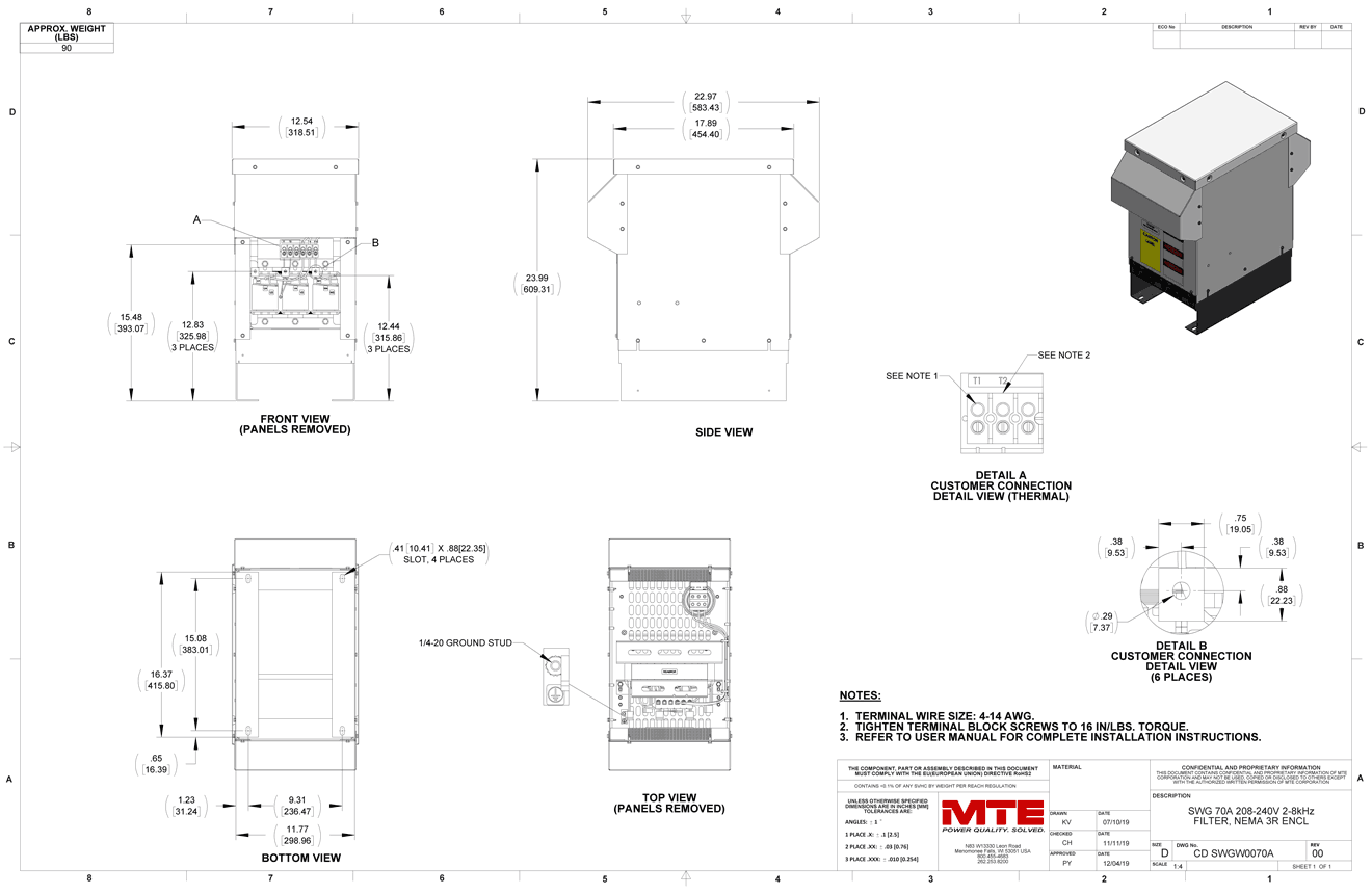 Drawings of MTE SineWave Guardian Filter SWGW0070A | 208V_240V | 70 Amp | 60HZ | NEMA 3R