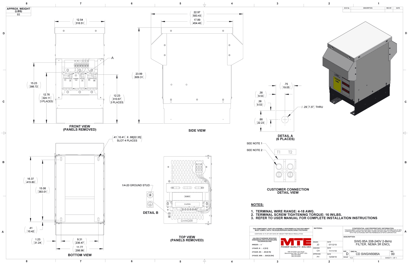 Drawings of MTE SineWave Guardian Filter SWGW0085A | 208V_240V | 85 Amp | 60HZ | NEMA 3R