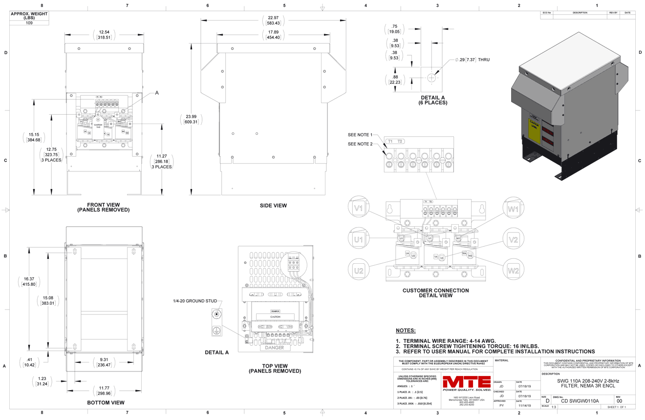 Drawings of MTE SineWave Guardian Filter SWGW0110A | 208V_240V | 110 Amp | 60HZ | NEMA 3R