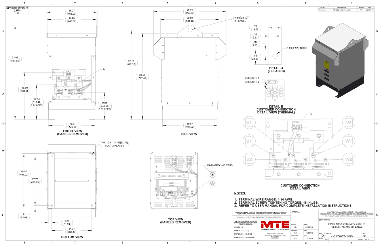Drawings of MTE SineWave Guardian Filter SWGW0135A | 208V_240V | 135 Amp | 60HZ | NEMA 3R