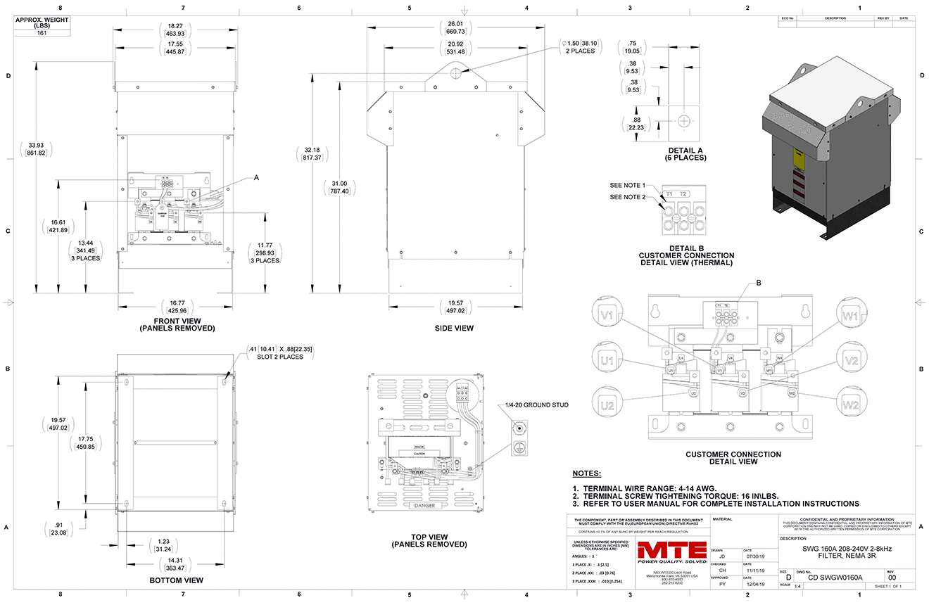 Drawings of MTE SineWave Guardian Filter SWGW0160A | 208V_240V | 160 Amp | 60HZ | NEMA 3R