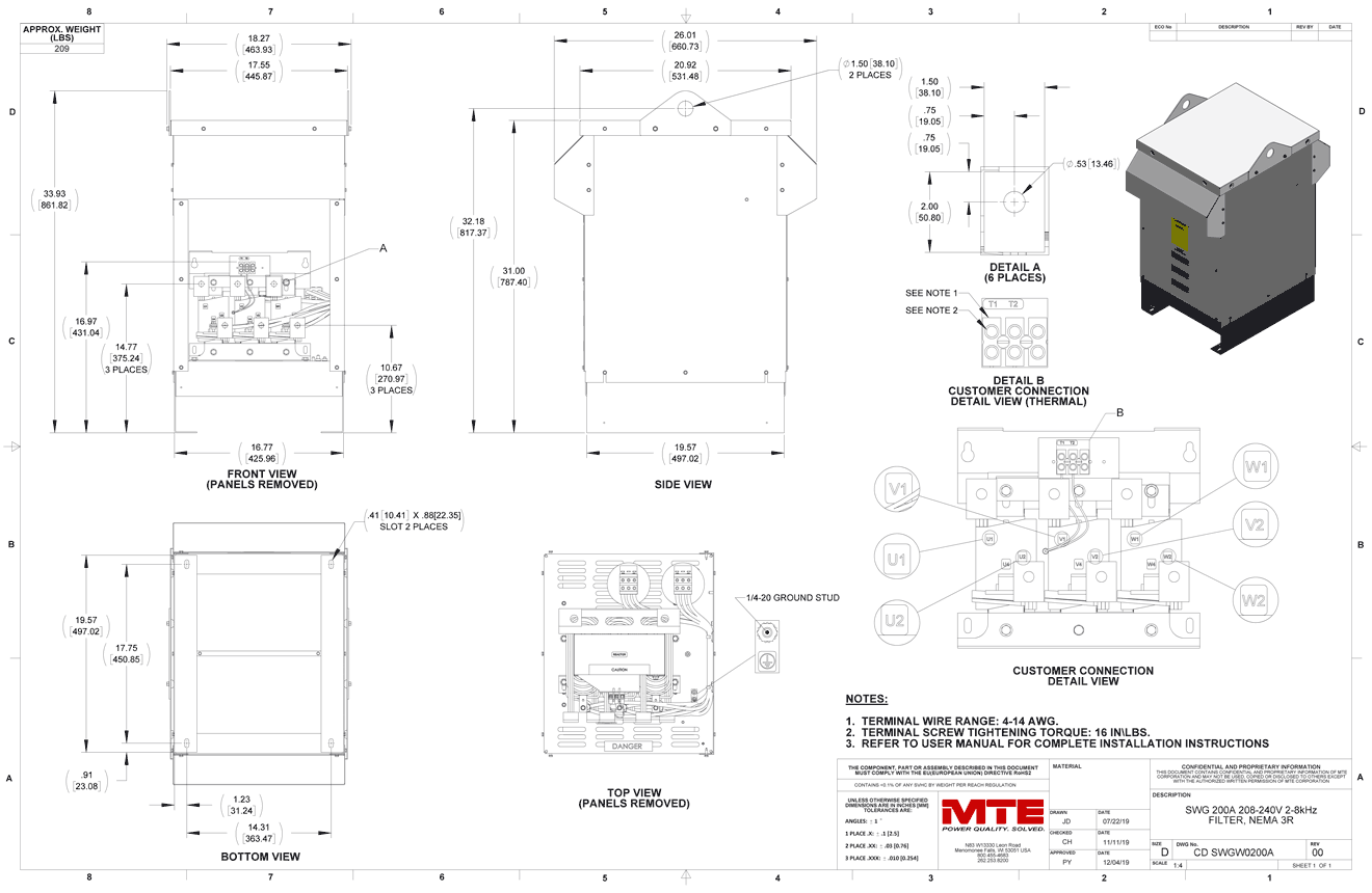 Drawings of MTE SineWave Guardian Filter SWGW0200A | 208V_240V | 200 Amp | 60HZ | NEMA 3R
