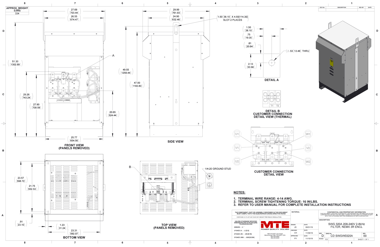 Drawings of MTE SineWave Guardian Filter SWGW0320A | 208V_240V | 320 Amp | 60HZ | NEMA 3R