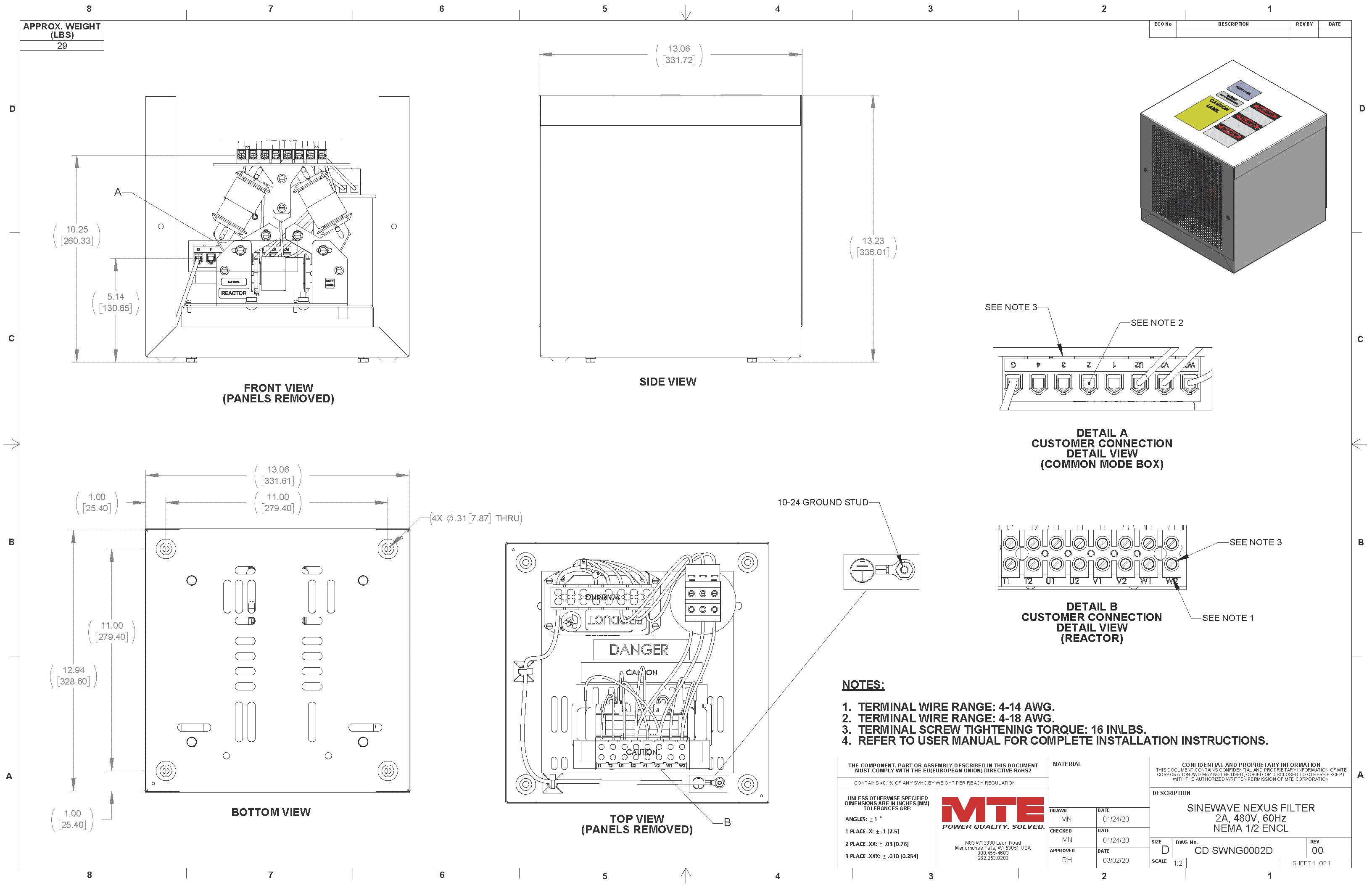 Drawings of MTE SineWave Nexus Filter SWNG0002D | 380V_480V | 2 Amp | 60HZ | NEMA 1_2