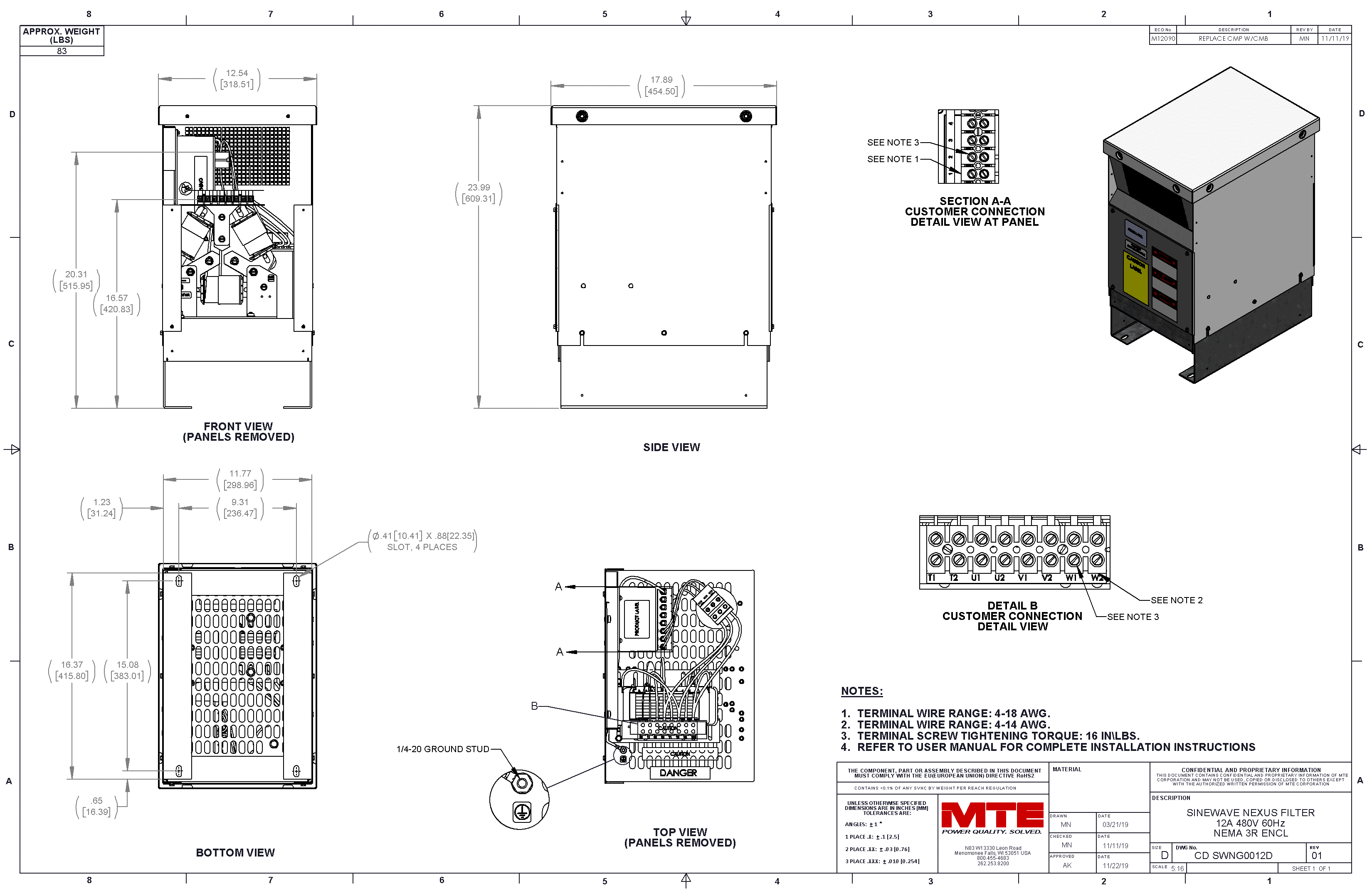 Drawings of MTE SineWave Nexus Filter SWNG0012D | 380V_480V | 12 Amp | 60HZ | NEMA 1_2