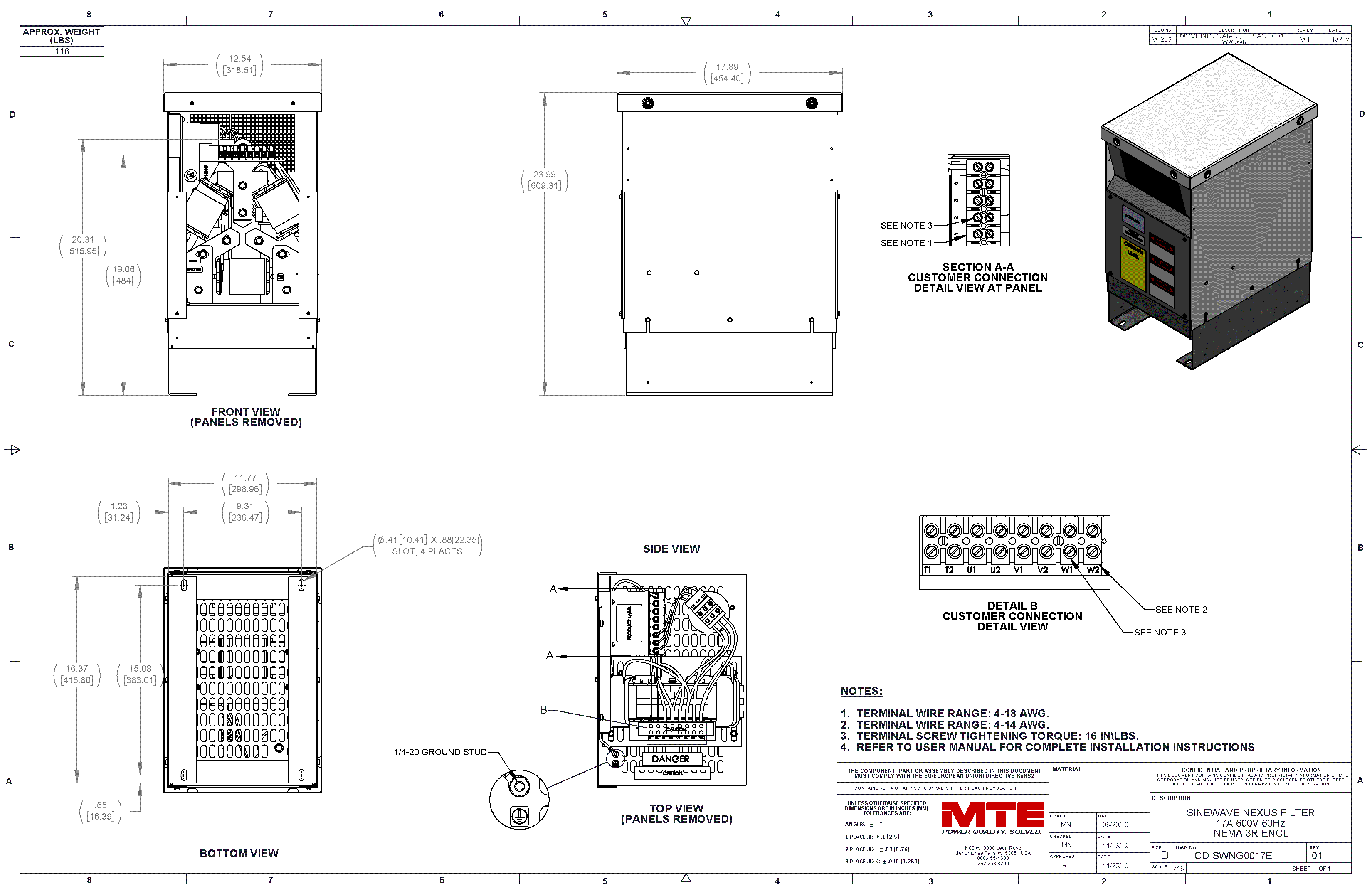 Drawings of MTE SineWave Nexus Filter SWNG0017E | 600V | 17 Amp | 60HZ | NEMA 1_2