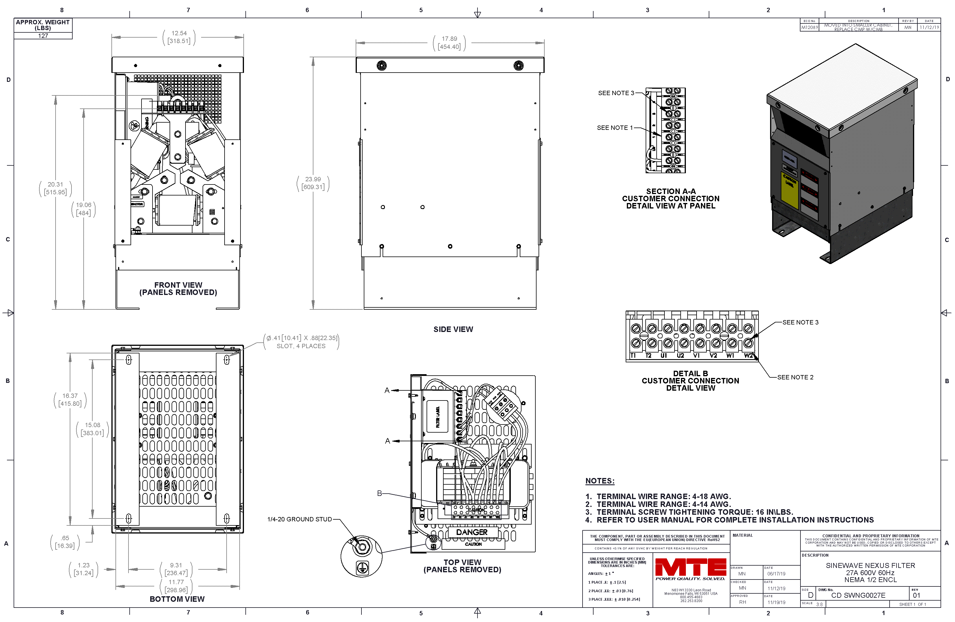 Drawings of MTE SineWave Nexus Filter SWNG0027E | 600V | 27 Amp | 60HZ | NEMA 1_2