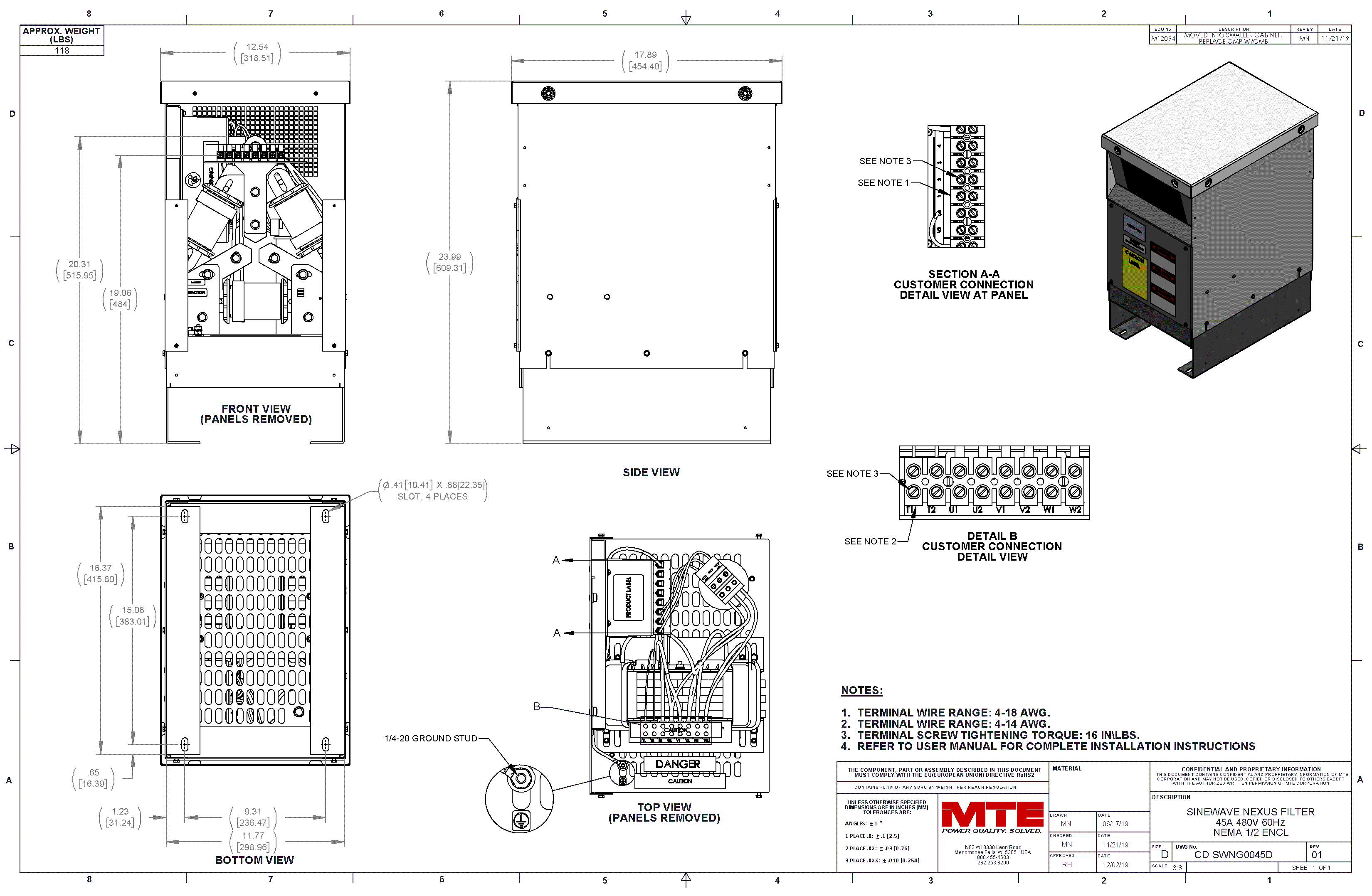 Drawings of MTE SineWave Nexus Filter SWNG0045D | 380V_480V | 45 Amp | 60HZ | NEMA 1_2