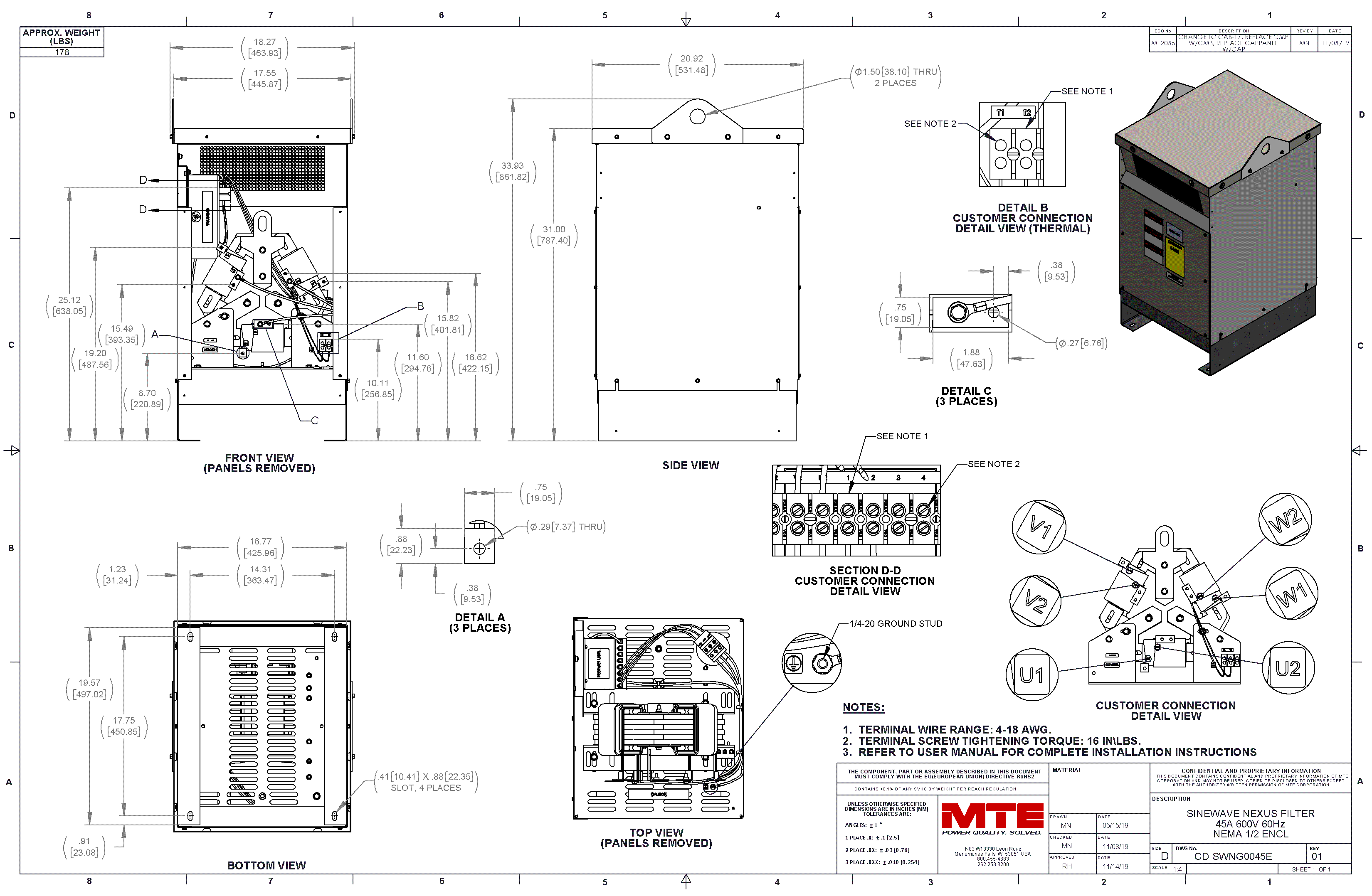 Drawings of MTE SineWave Nexus Filter SWNG0045E | 600V | 45 Amp | 60HZ | NEMA 1_2