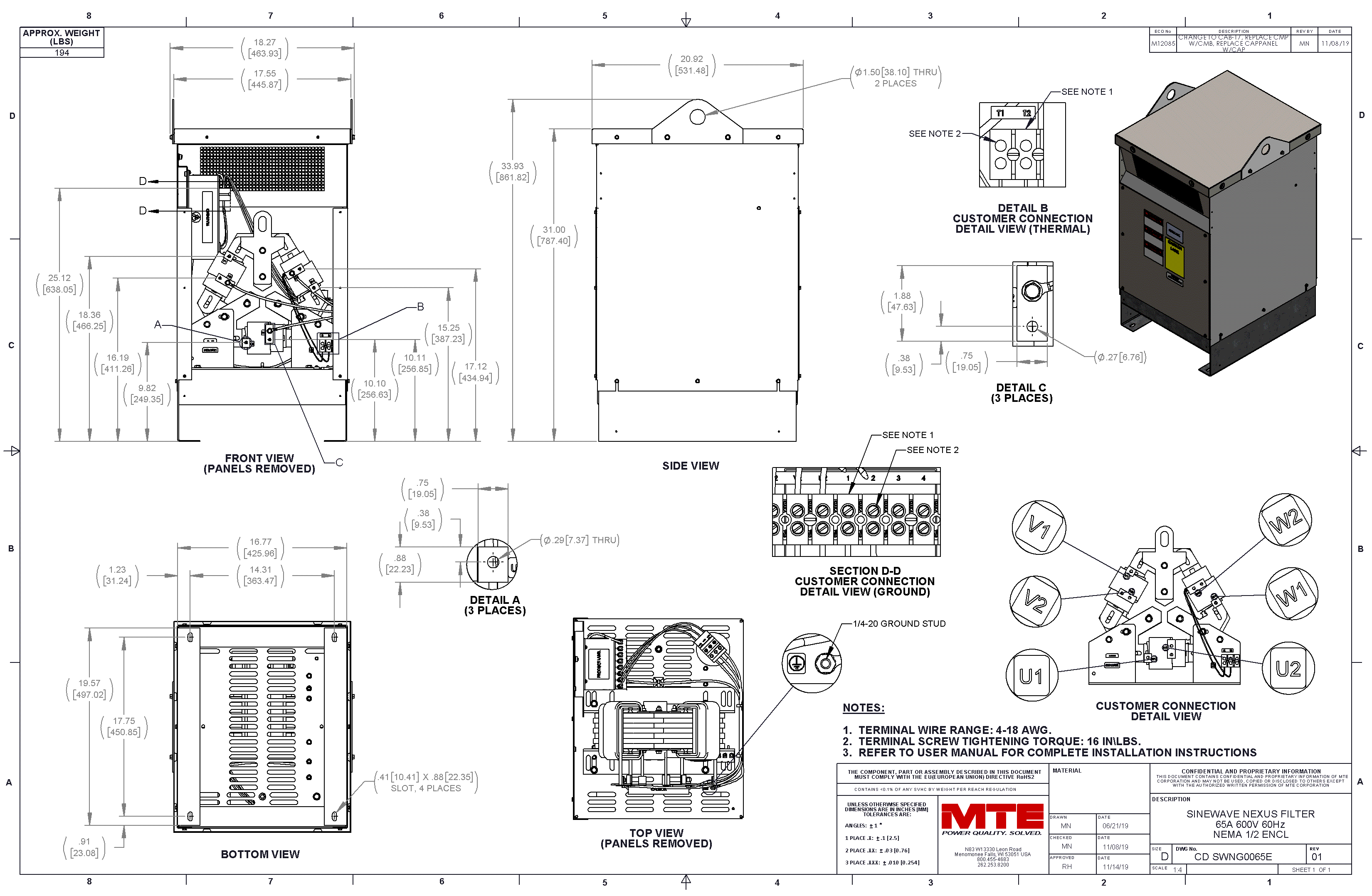 Drawings of MTE SineWave Nexus Filter SWNG0065E | 600V | 65 Amp | 60HZ | NEMA 1_2