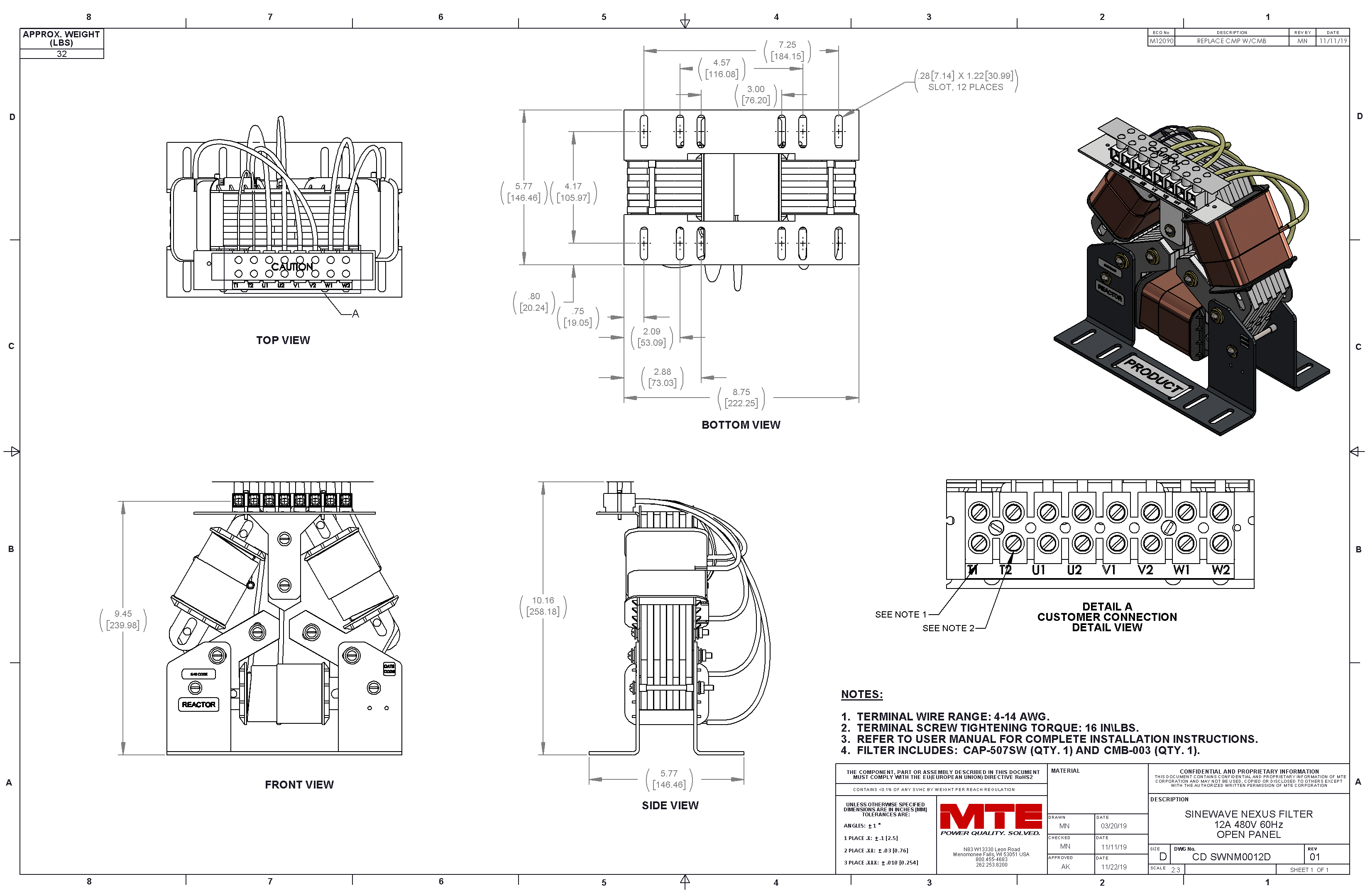 Drawings of MTE SineWave Nexus Filter SWNM0012D | 380V_480V | 12 Amp | 60HZ | Modular