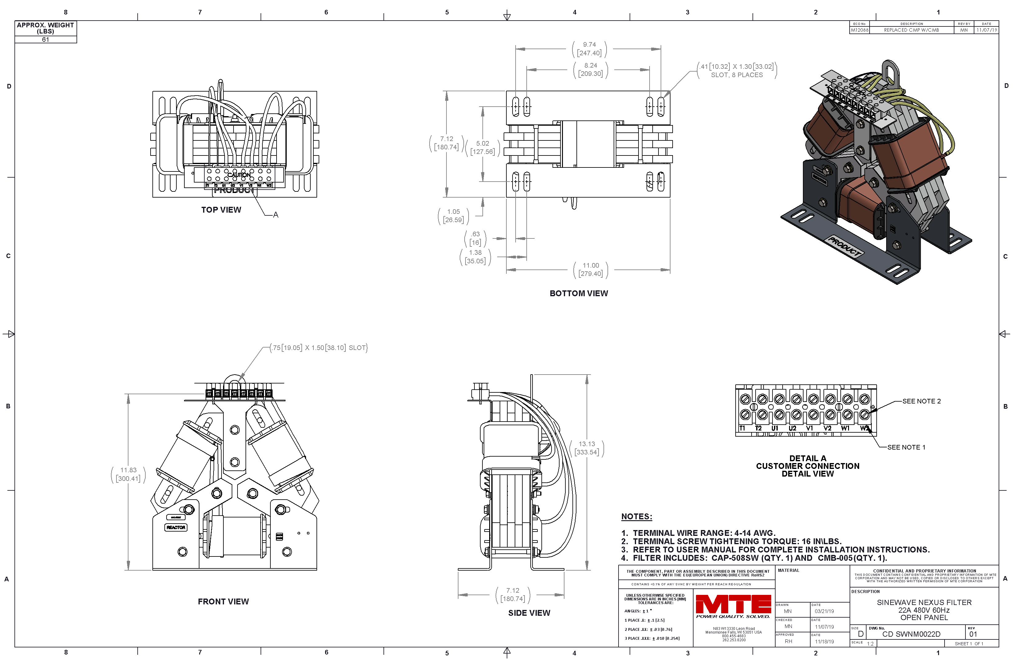 Drawings of MTE SineWave Nexus Filter SWNM0022D | 380V_480V | 22 Amp | 60HZ | Modular