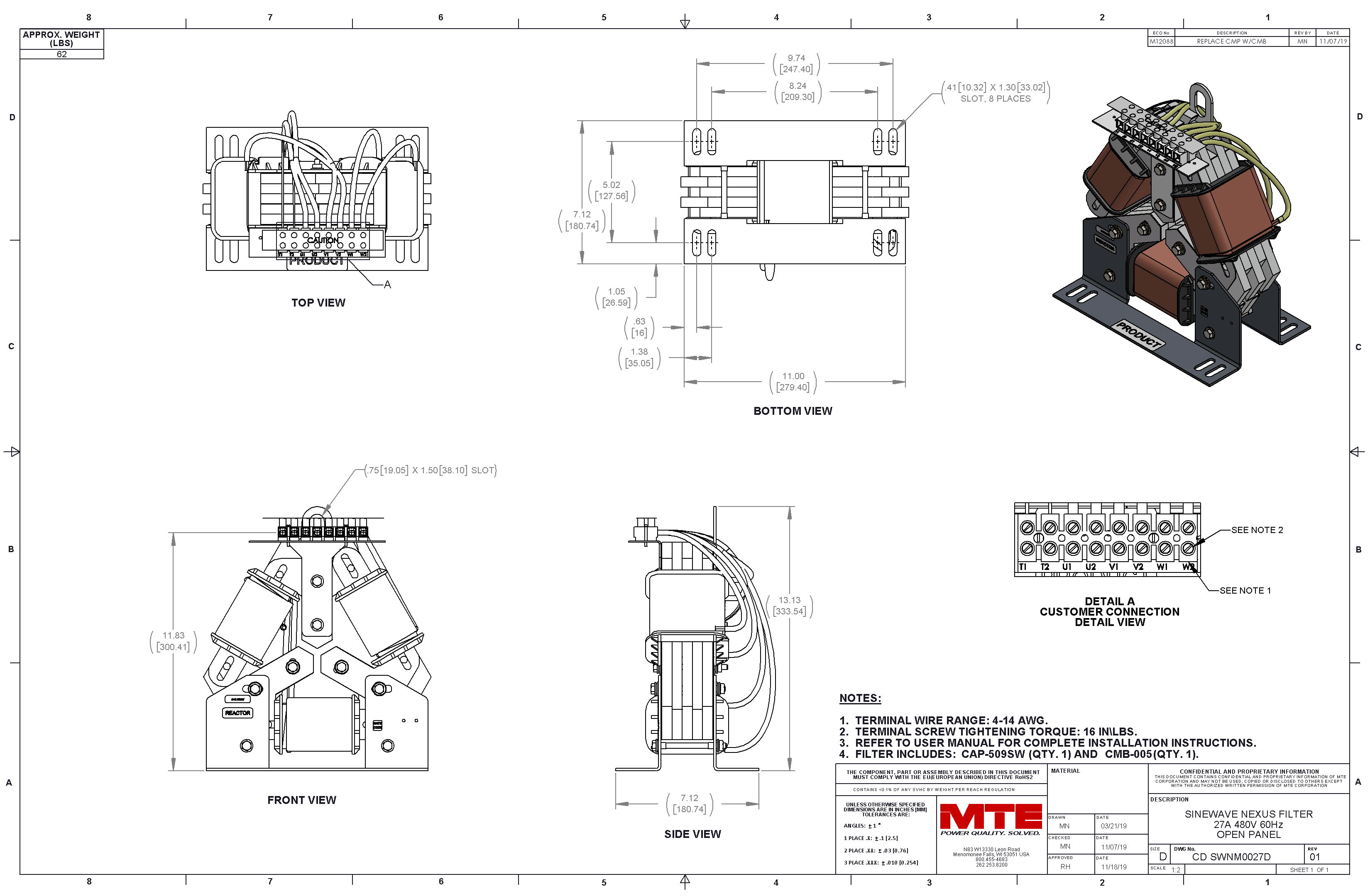 Drawings of MTE SineWave Nexus Filter SWNM0027D | 380V_480V | 27 Amp | 60HZ | Modular