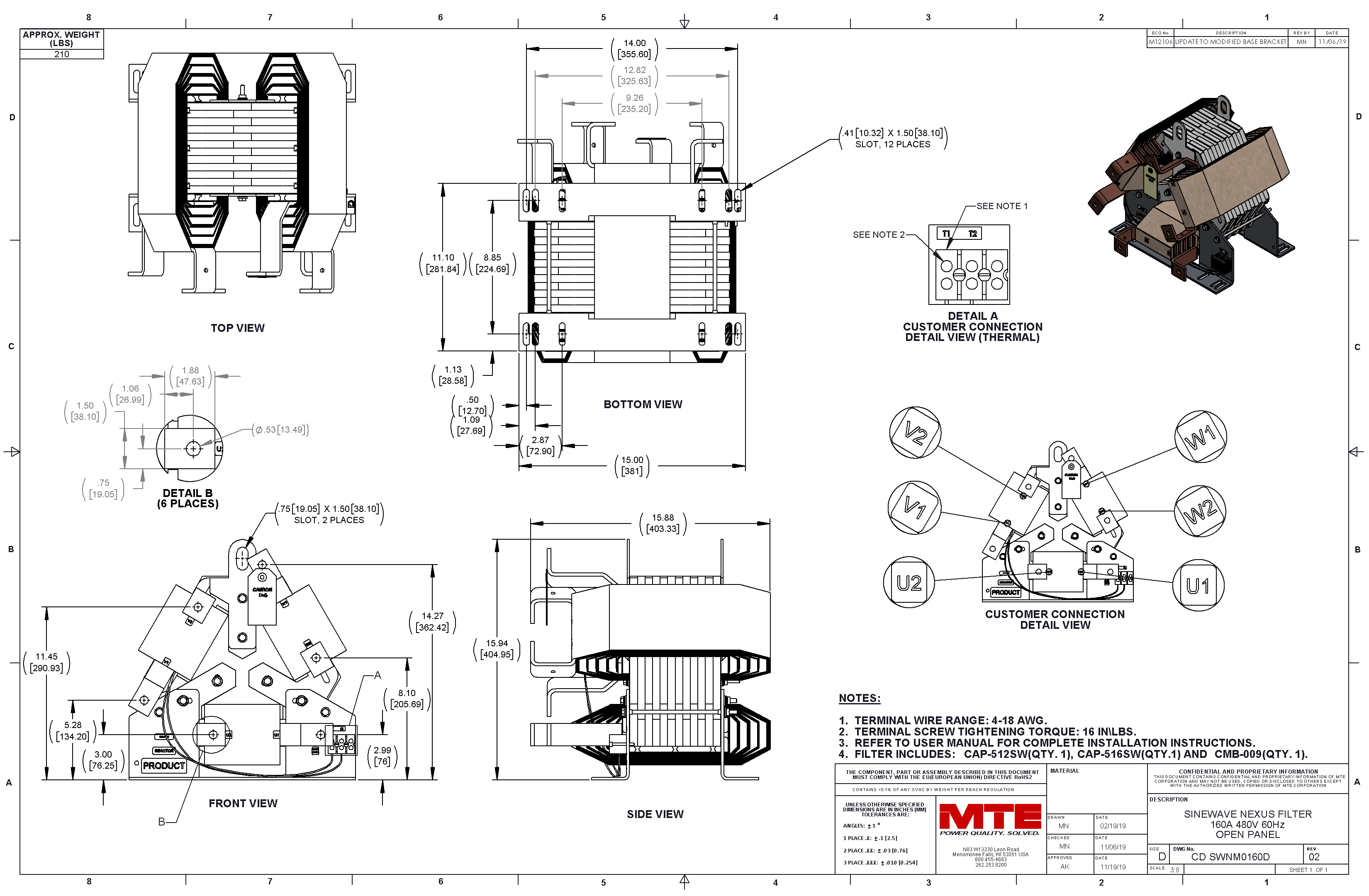 Drawings of MTE SineWave Nexus Filter SWNM0160D | 380V_480V | 160 Amp | 60HZ | Modular