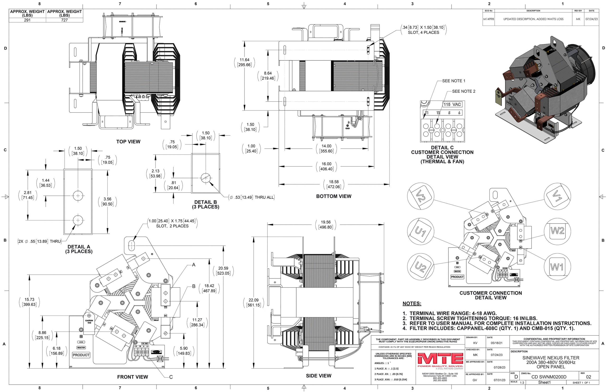 Drawings of MTE SineWave Nexus Filter SWNM0200D | 380V-480V | 200 Amp | 60HZ | Modular