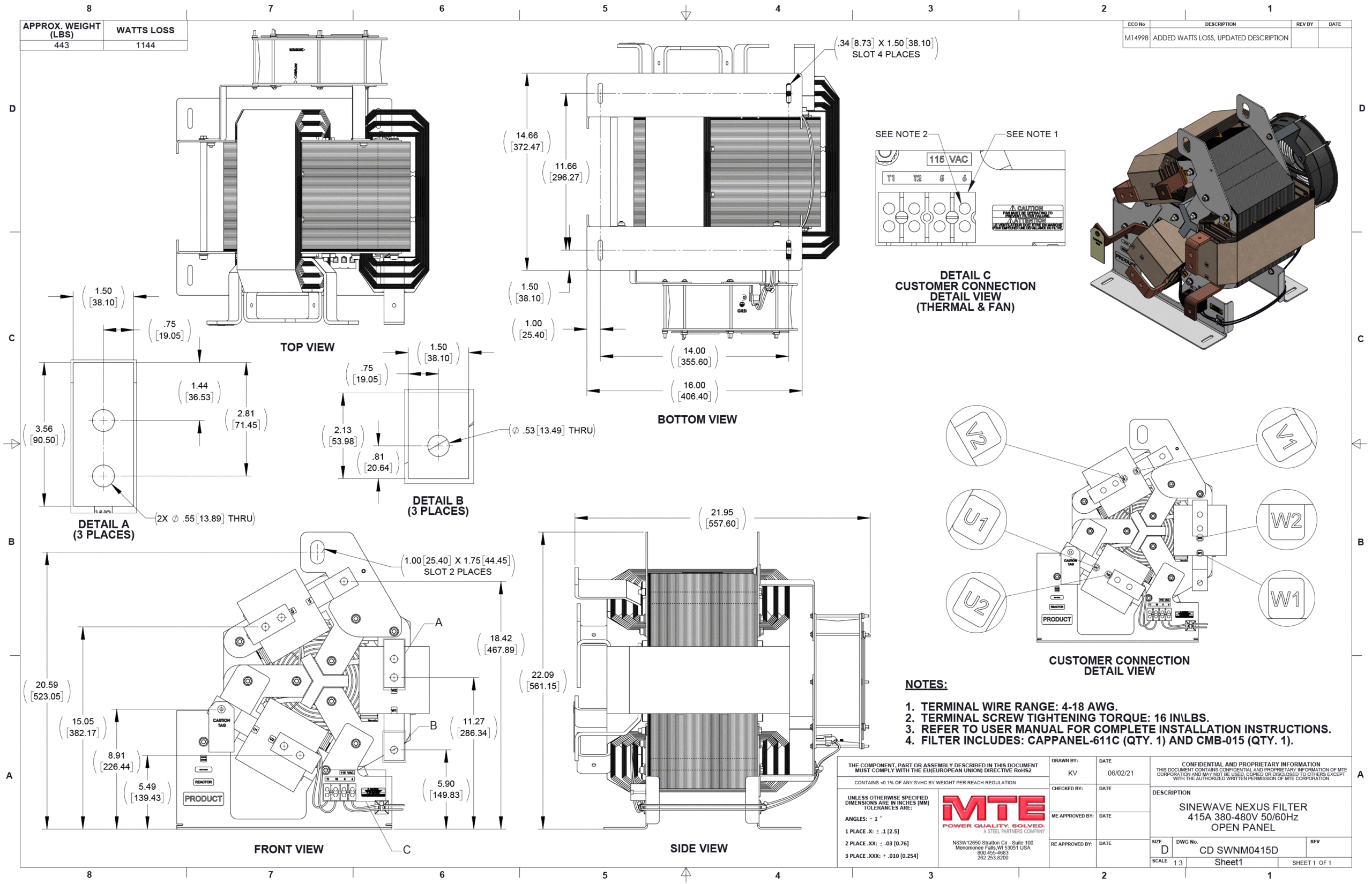 Drawings of MTE SineWave Nexus Filter SWNM0415D | 380V-480V | 415 Amp | 60HZ | Modular