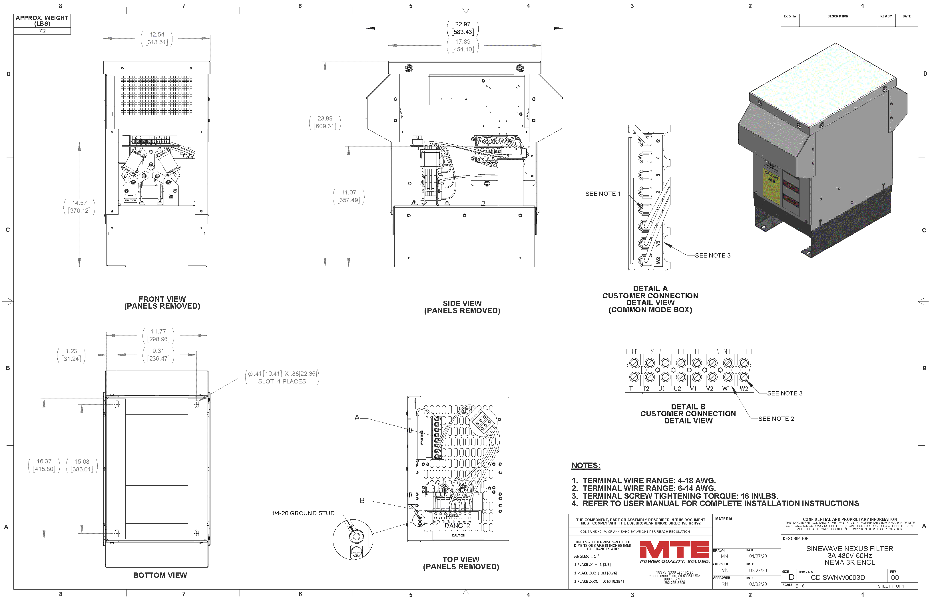 Drawings of MTE SineWave Nexus Filter SWNW0003D | 380V_480V | 3 Amp | 60HZ | NEMA 3R