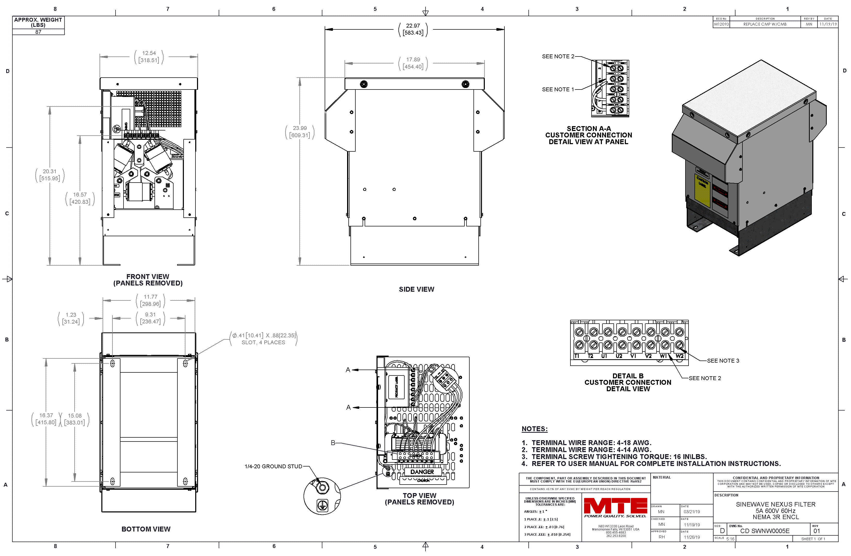 Drawings of MTE SineWave Nexus Filter SWNW0005E | 600V | 5 Amp | 60HZ | NEMA 3R