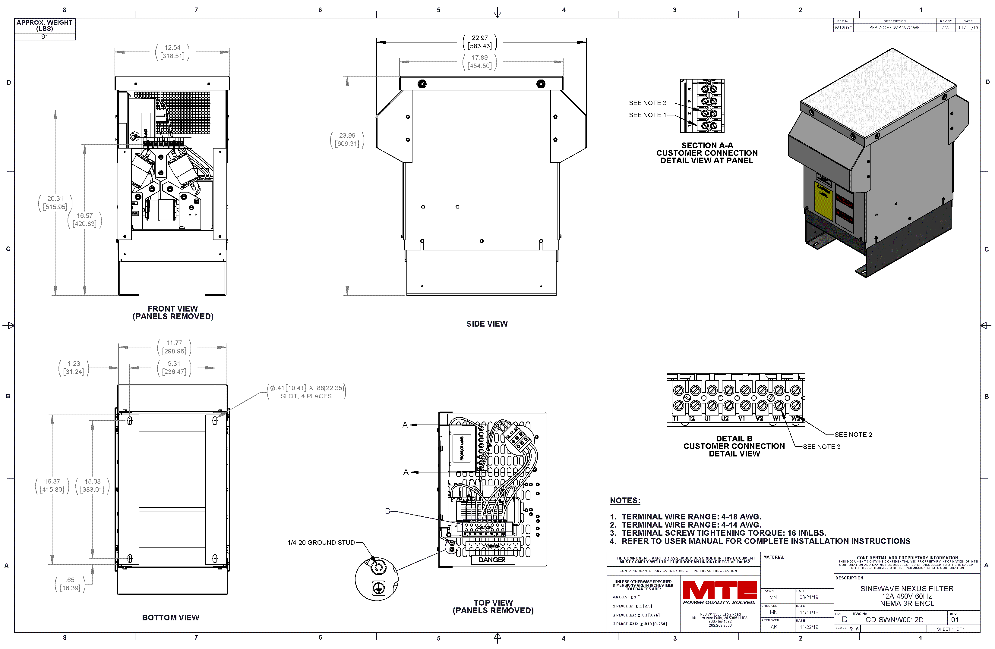 Drawings of MTE SineWave Nexus Filter SWNW0012D | 380V_480V | 12 Amp | 60HZ | NEMA 3R