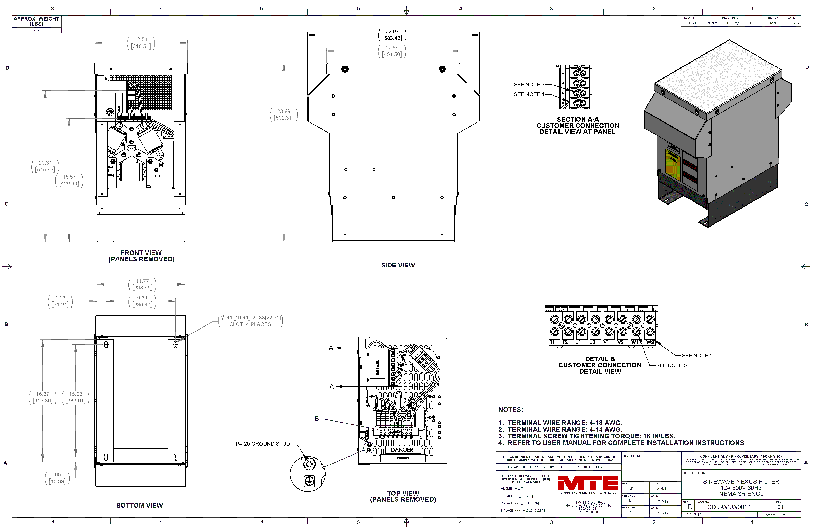 Drawings of MTE SineWave Nexus Filter SWNW0012E | 600V | 12 Amp | 60HZ | NEMA 3R