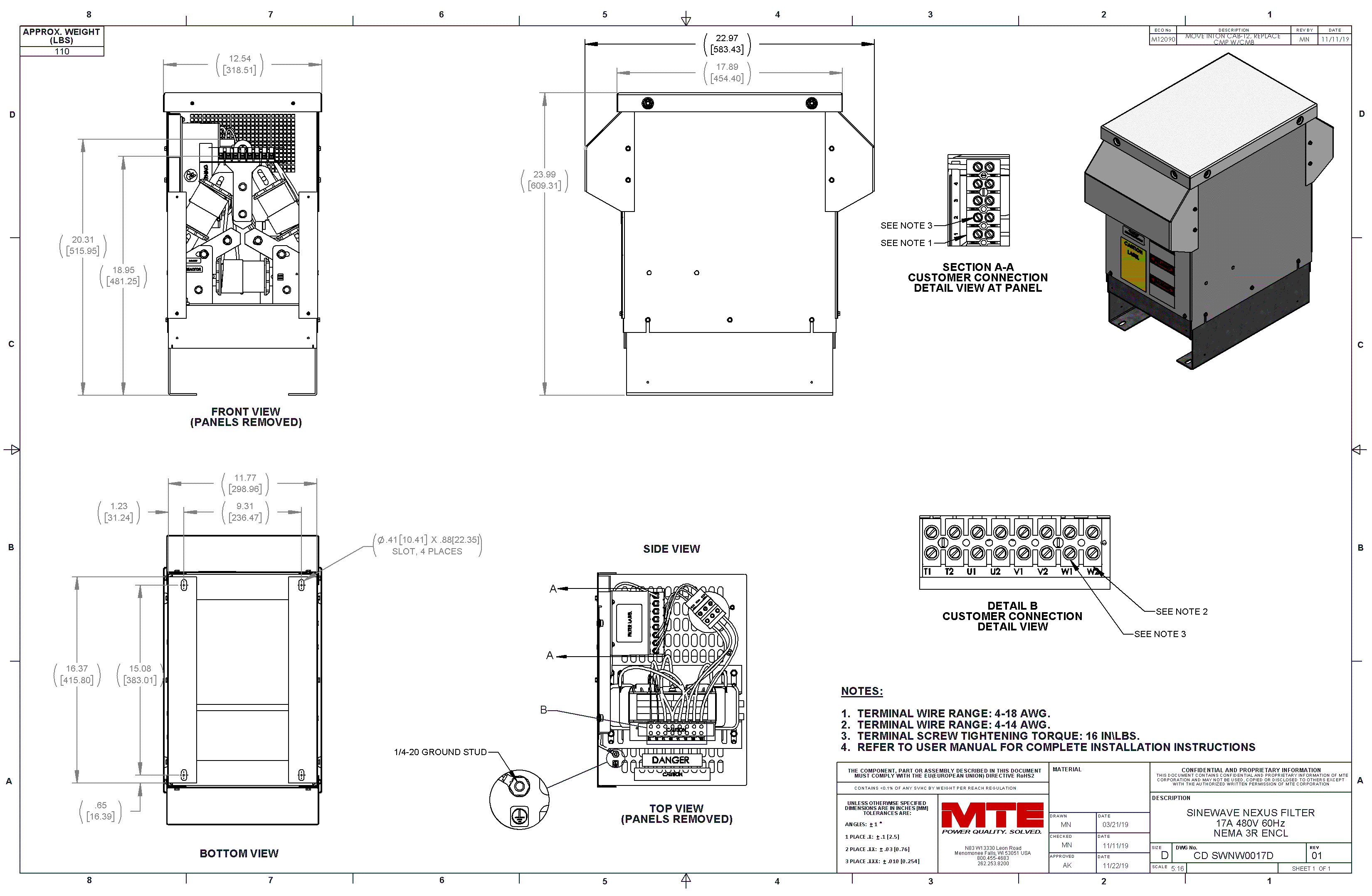 Drawings of MTE SineWave Nexus Filter SWNW0017D | 380V_480V | 17 Amp | 60HZ | NEMA 3R