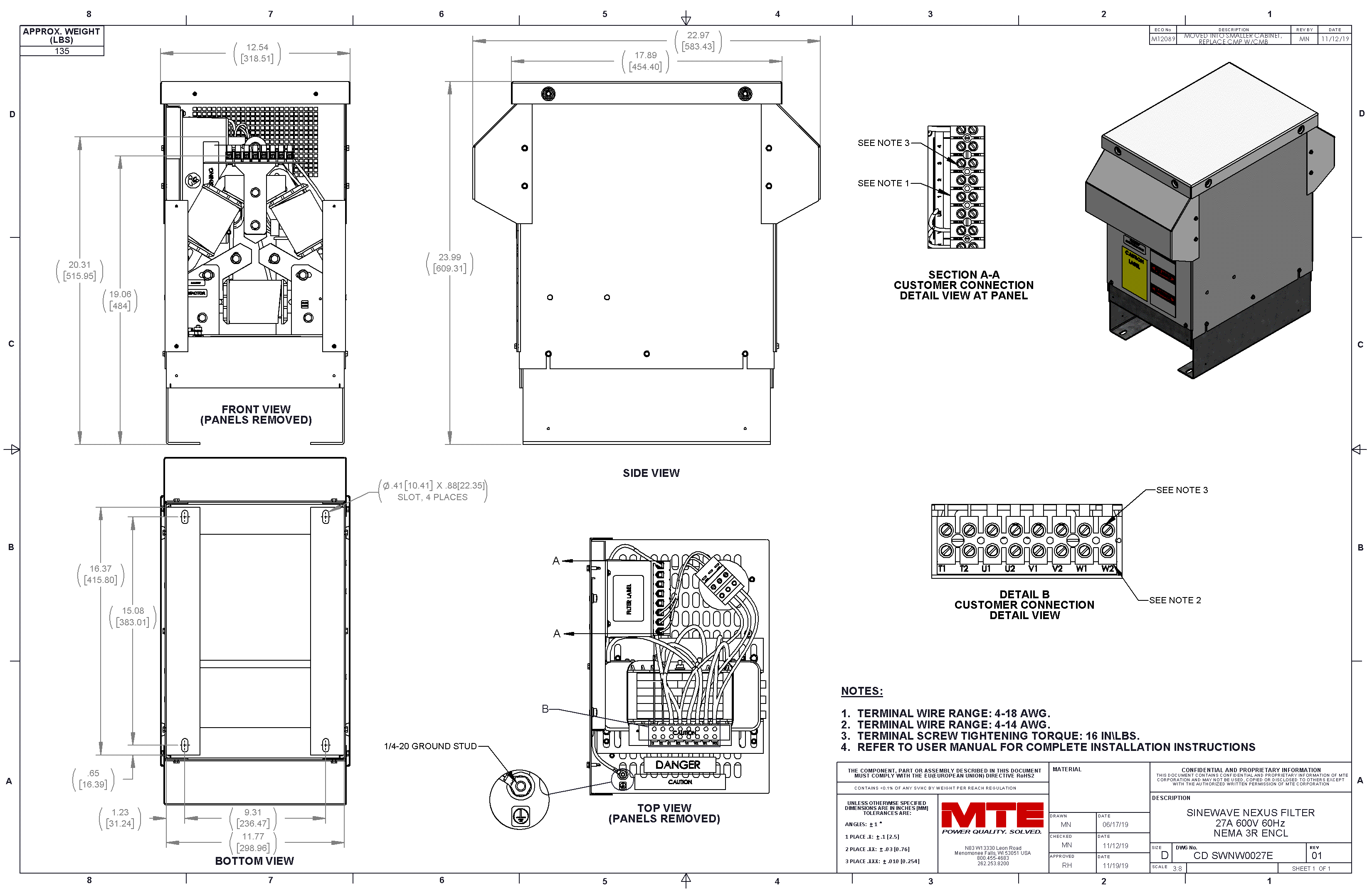 Drawings of MTE SineWave Nexus Filter SWNW0027E | 600V | 27 Amp | 60HZ | NEMA 3R