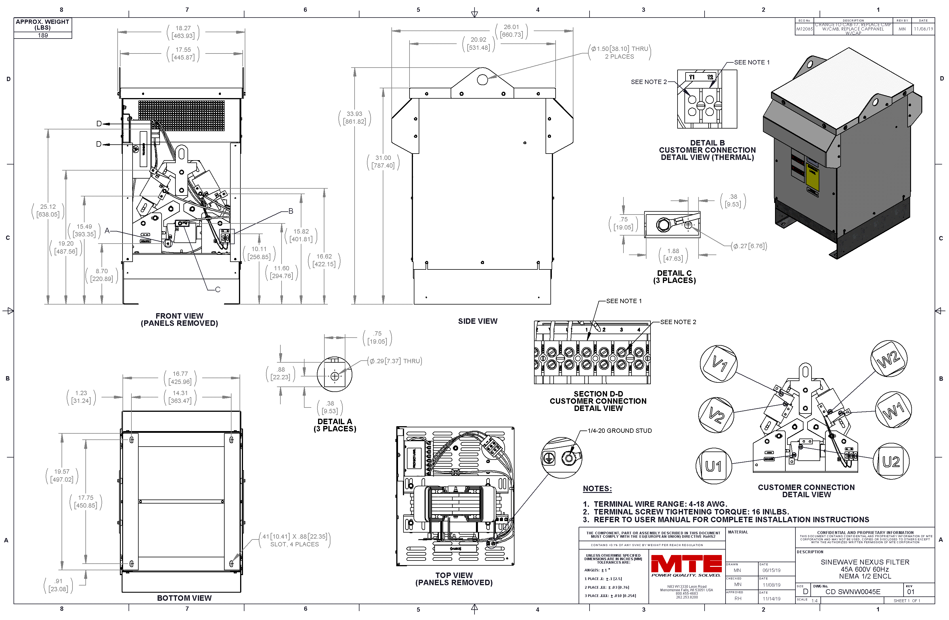 Drawings of MTE SineWave Nexus Filter SWNW0045E | 600V | 45 Amp | 60HZ | NEMA 3R