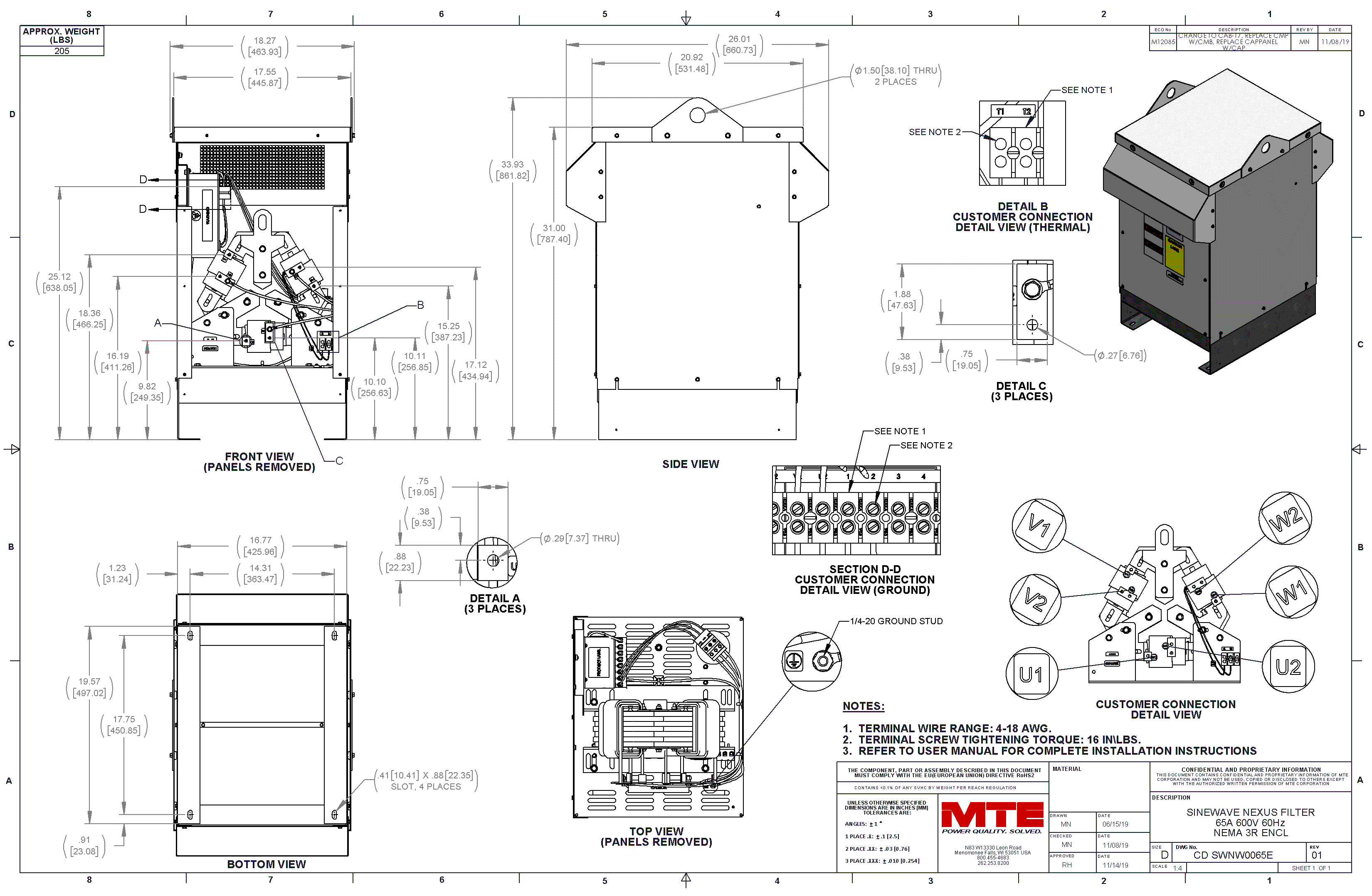 Drawings of MTE SineWave Nexus Filter SWNW0065E | 600V | 65 Amp | 60HZ | NEMA 3R