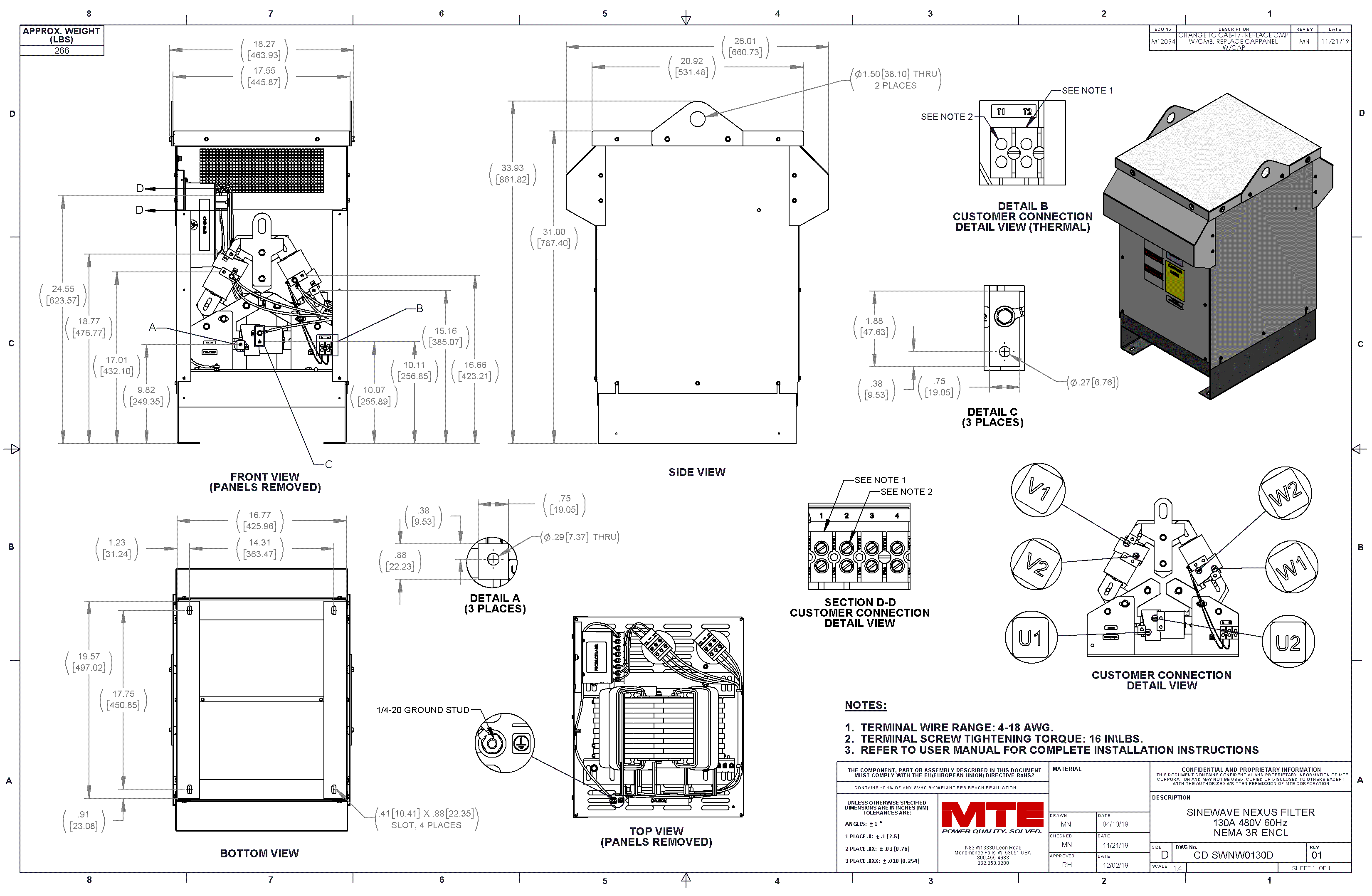 Drawings of MTE SineWave Nexus Filter SWNW0130D | 380V_480V | 130 Amp | 60HZ | NEMA 3R